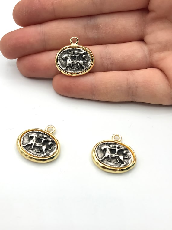 Gold and Silver Plated Man Horse Riding Coin Pendant, Equestrian Antiqued Coin Charm, Cameo Horse Coin Jewelry Supplies MD-1013