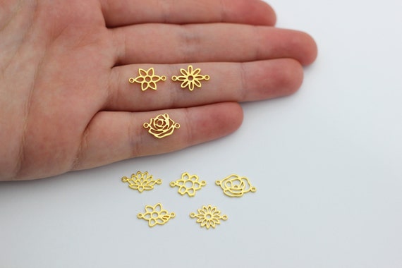 24K Real Gold Plated Birth Flower Connector Charm for Bracelets, Birth Month Flower, Personalized Birth Flower Charms for Permanent Jewelry