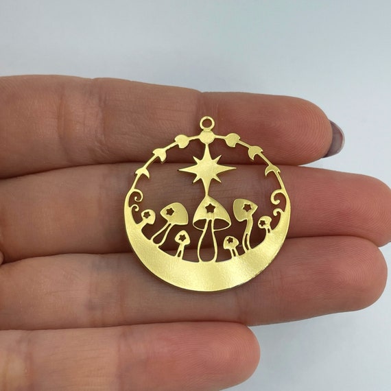24K Shiny Gold Plated Mushroom Charm, Moon Phases and Star Mushroom Pendant, Fairy Mushroom Charm, 24K Gold Plated Earring Charms GLD-1369