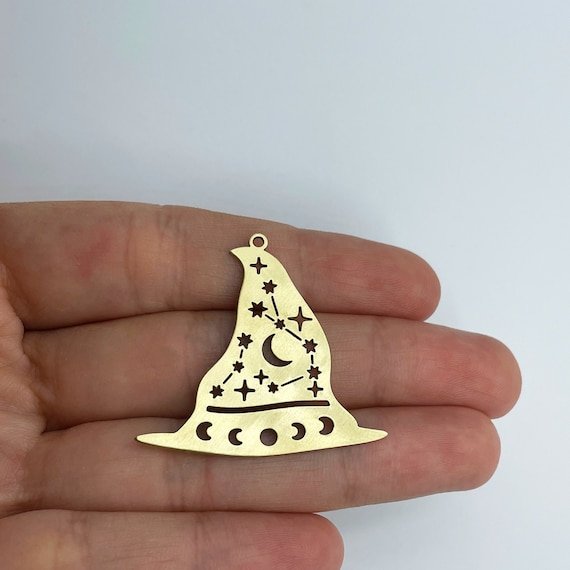 2pcs Raw Brass Witch Hat Charm, Moon Phases Witch Hat Charm, Halloween Charms, Witchy Charms, Laser Cut Jewelry Making Supplies RW-1569