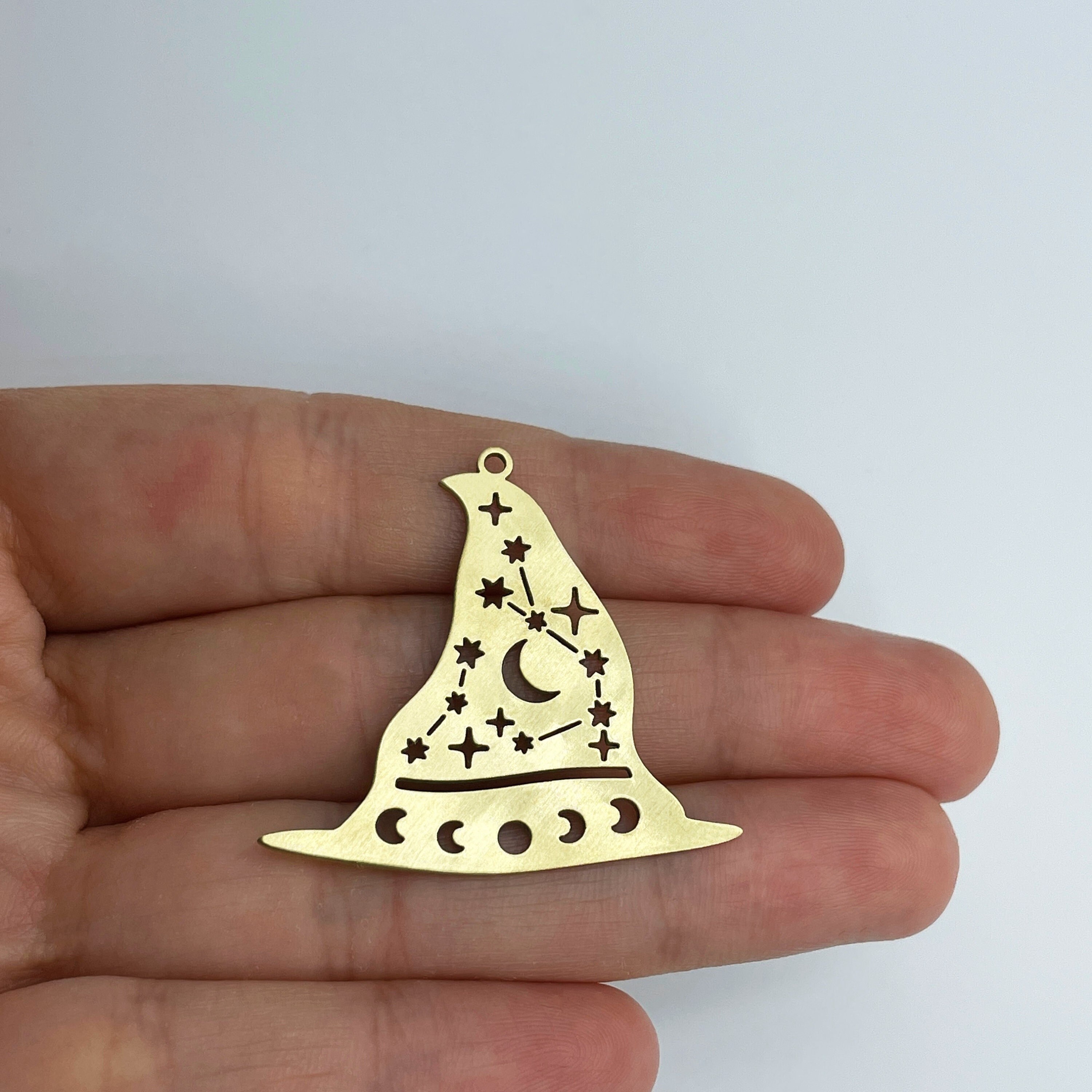2pcs Raw Brass Witch Hat Charm, Moon Phases Witch Hat Charm, Halloween Charms, Witchy Charms, Laser Cut Jewelry Making Supplies RW-1569