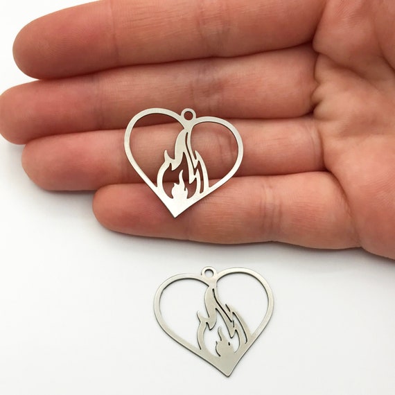 6pcs Stainless Steel Heart on Fire Necklace Pendant Flaming Heart