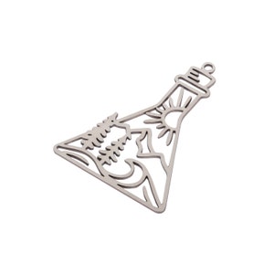 May include: A silver metal charm shaped like a triangle with a mountain scene inside. The charm features a sun, trees, and waves.