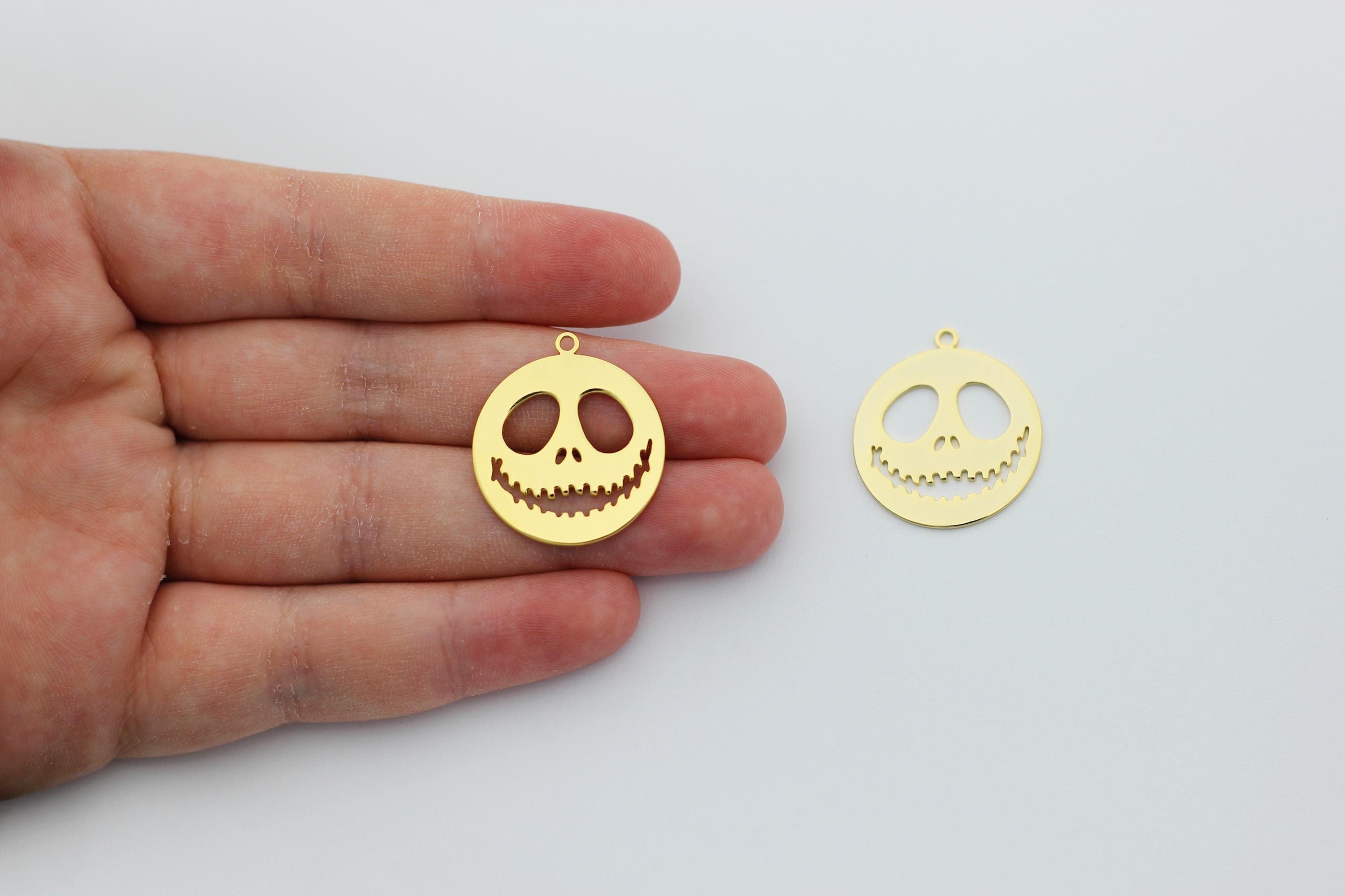 24k Shiny Gold Plated Skull Pendant, Jack Halloween Charm, Spooky Jewelry, Jewelry Supplies, Halloween Jewelry, Laser Cut Findings GLD-2289
