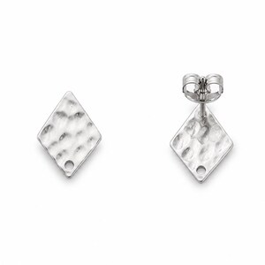 May include: Two silver-toned diamond-shaped earring components with a hammered, textured surface. One piece is shown from the front, while the other is shown from the back, displaying the attached post and butterfly clutch earring backing.