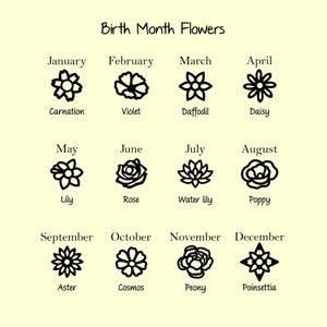Puede incluir: Gr&aacute;fico crema con el texto "Birth Month Flowers" e ilustraciones florales para cada mes. Cada flor est&aacute; etiquetada con su mes y nombre, incluyendo Clavel, Violeta, Narciso y Margarita. Dise&ntilde;o sencillo y limpio.