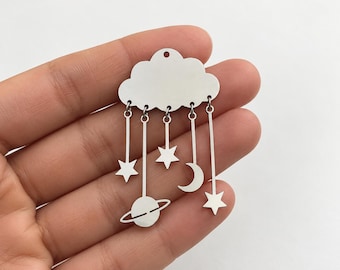 2pcs Stainless Steel Celestial Cloud Charm, Moon Stars Saturn Dangle Earring Pendant, 28x47mm STL-3147