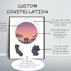 Cadeau personnalisé de la Saint-Valentin Constellation, cadeau de relation longue distance, petit ami gf petite amie ciel étoilé coucher de soleil personnalisé par date