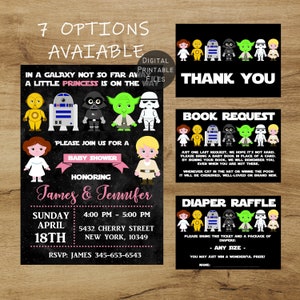 Star Wars-Babyparty-Einladung für Mädchen, Star Wars-Windel-Verlosungskarte, Star Wars-Buchanfrage-Dusche, Star Wars-Dankeschön-Karte, Babyparty