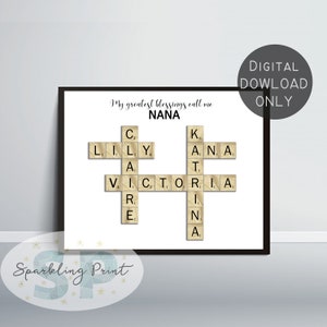 Personalisiertes Kreuzworträtsel Muttertagsgeschenk, benutzerdefinierte Nana Scrabble Druck, Puzzle Wandkunst, Familienname Zeichen, Geburtstagsgeschenk für Oma und Opa