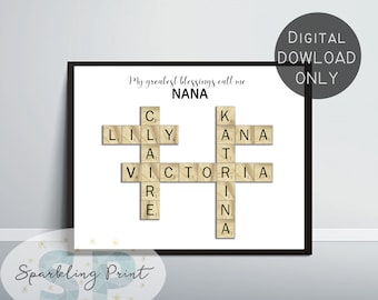 Personalized Crossword Mother's day Gift, Custom Nana Scrabble Print, Puzzle Wall Art, Family Name Sign, Birthday Gift for Grandma Grandpa