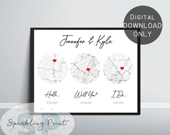 Met engaged married map, art print anniversary wedding gift. for couple, present for him her, heart art,valentine's day, hello will you i do