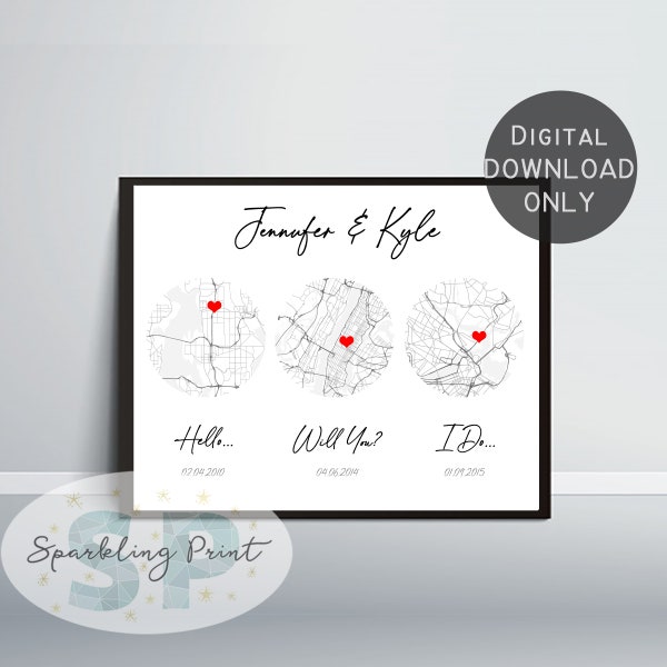 Met engaged married map, art print anniversary wedding gift. for couple, present for him her, heart art,valentine's day, hello will you i do