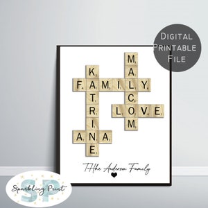 Personalized Crossword Anniversary Gift, Custom Scrabble Print, Puzzle Wall Art, Family Name Sign, Letter Tile Art, Birthday Gift for him