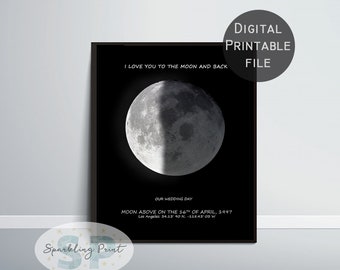 May include: A black and white printable poster with a moon image and the text "I love you to the moon and back". The poster also includes the text "Our Wedding Day" and the date "April 16, 1997".