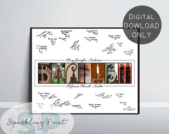 May include: A white background with a black frame around a digital print of a baptism sign-in sheet. The sign-in sheet features a collage of images that spell out the word "Baptism" with the names "Stacy Jennifer Anderson" and "St. Joans Church, Austin" written below the word. The sign-in sheet is filled with handwritten messages.
