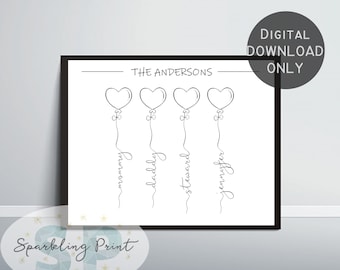 Heart Balloon Family Custom Name Print, Personalized Nursery Wall Art, Anniversary Birthday Gift, Baby Newborn mom Dad father&#39;s day mother&#39;s