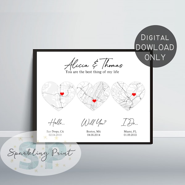 Met engaged married map, heart shape wall art anniversary wedding gift. for couple, present for him her,valentine's day, hello will you i do