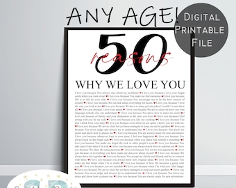 50 Reasons Why We Love You, Personalized 50th Birthday Gift for Grandmother Mom, Custom Dad Birthday Gift for Grandfather, Grandparents