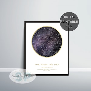 Impression personnalisée de carte des étoiles, ciel étoilé personnalisé, art mural constellation par date, cadeau d'anniversaire, cadeau de mariage où nous nous sommes rencontrés, cadeau de la Saint-Valentin