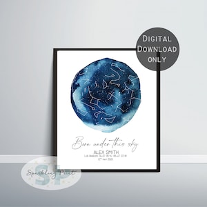 Impression personnalisée de la carte des étoiles du nouveau-né, ciel étoilé personnalisé, art mural constellation par date nursery, jour de votre naissance enfant au rhum de l’enfant étoile