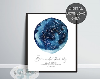 Custom New born Baby Star Map Print, Personalized Starry Sky, Constellation By Date Nursery wall Art, day you were born star kid's rum child