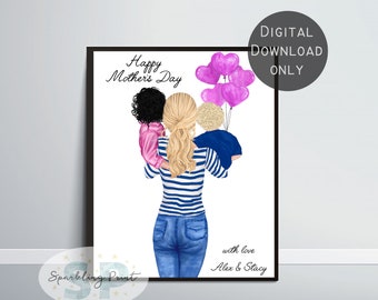 Custom Mother&#39;s day Gift, Mother and daughter Print, Gift for mum, Mum birthday gift, mother and son, mother and children,printable wall art