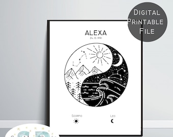 Personalized Zodiac Sign Illustration, Custom Birth Chart Constellation, Yin and Yang Sun and Moon Art, Best friend Gift, Birthday Gift