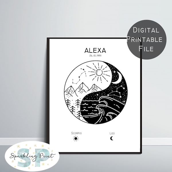 Personalisierte Sternzeichen Illustration, personalisierte Geburtskarte, Yin und Yang Sonne und Mond Kunst, Geschenk für den besten Freund, Geburtstagsgeschenk