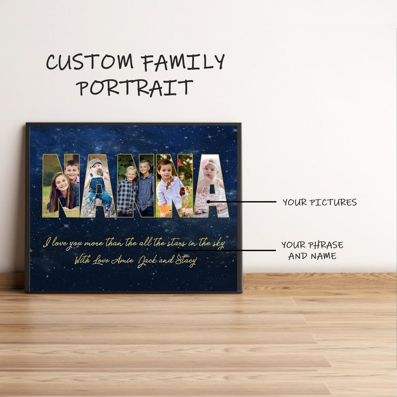 May include: A custom family portrait with a blue starry night background. The word "NANNA" is spelled out with photos of family members in each letter. The text below reads "I love you more than all the stars in the sky. With love Amie, Jack and Stacy."