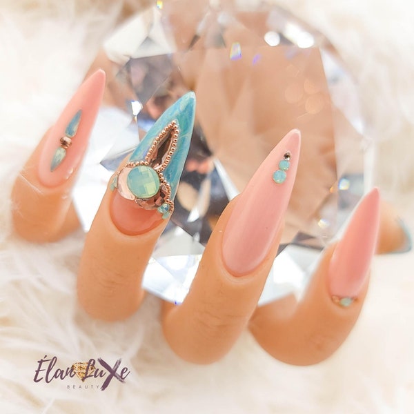 CORAL REEF | Turquoise Aurora Foil French Tips Champagne Green Opal Rhinestones Rose Gold Accents | Gel Nails | Luxury Press On Nails