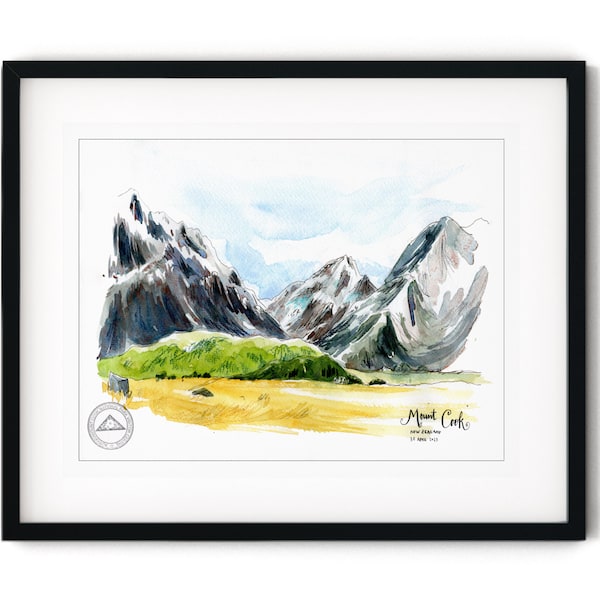 Aoraki Mount Cook New Zealand Watercolor Print, NZ Nature Landscape Painting, Aotearoa Artwork