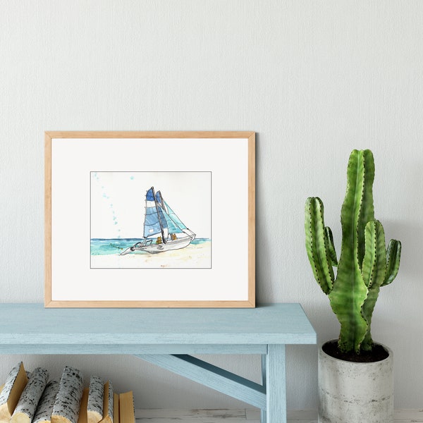 Sailboat painting of Hobie catamaran on the beach, Nautical wall art gift, Beach decor, Watercolor boat print