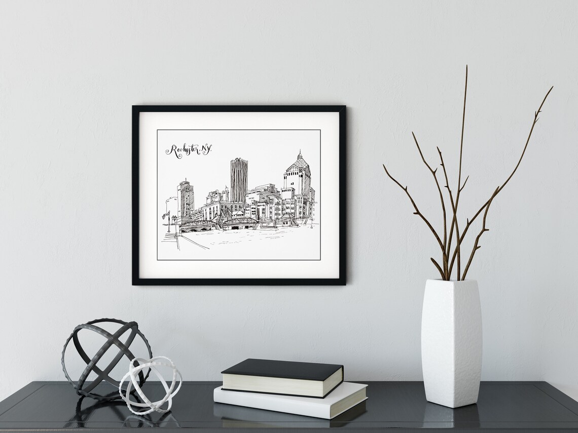 Rochester NY Skyline Print, Black and White City of Rochester Art Print, Rochester NY Art Print