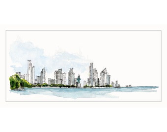 Panama City Watercolor Prints, Panama Wall Art, Panama City Skyline, Architectural paintings of Panama, Travel paintings