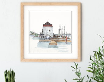 Kingston Ontario Harbour painting of the Shoal Tower, Confederation Basin Marina, City of Kingston watercolor print