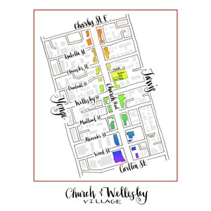 Impression de carte de l’église et du quartier de Wellesley de Toronto, impression d’art du village gay, affiche de la carte de la ville de Toronto, carte du quartier gay, Queer Toronto