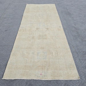 3.9&#39; x 11.5&#39; Neutral Runner Rug, Vintage Turkish Rug, Wide Oushak Runner, Hand Made Runner Rug, Muted Wool Rug, Faded Runner Rug