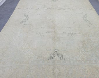 tapis Oushak vintage, tapis turc noué à la main 9,4 x 12,6 pi, tapis surdimensionné neutre neutre, tapis en laine vieillie, salon bohème antique