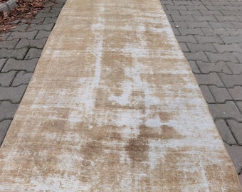 Worn Runner Rug 3x10, Faded Camel and Cream, Vintage Distressed Hallway Carpet, Heavily Erased Neutral Runner, Antique Anatolian Woven