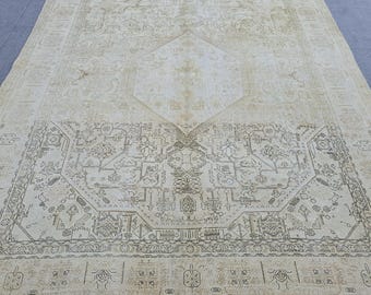 Oversized Vintage Area Rug 10x13, Faded Light Cream Ivory & Soft Muted Sand Taupe, Hand Knotted Wool Tribal Medallion Carpet, Neutral Tonal