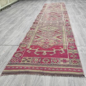 2.78x13.12 Vintage Faded Color Turkish Herki Wool Runner Rug For Hallway, Kitchen and Living Room