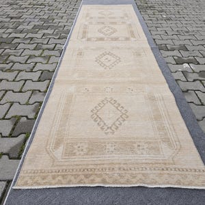 2.92&#39; x 10.63&#39; Vintage Handmade Turkish Oushak Runner Rug, Neutral Wool with Distressed and Faded Look
