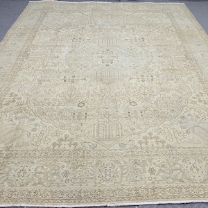 9.3&#39; x 12.2&#39; Oushak Area Rug ,Turkish Wool Rug, Neutral Woven Rug, Hand Made Rug, Turkish Large Rug, Oversized Gray Rug, Cream And Gray Rug
