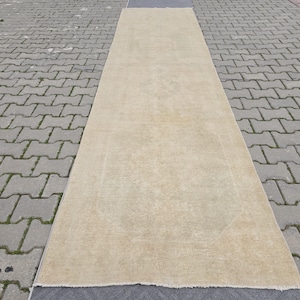 3.3&#39; x 12.9&#39; Vintage Turkish Oushak Runner Rug,  Wool, Neutral Tones with Faded Floral Design, Muted Oushak Rug