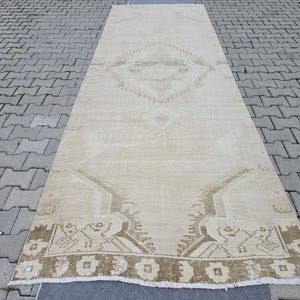 4.5' x 13.3'  Vintage Turkish Oushak Runner Rug,  Wool, Neutral Tones with Faded Floral Design, Muted Oushak Rug