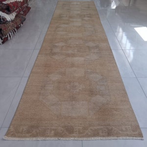 Neutral Runner  Rug 3.1&#39;x13&#39; Muted Wool Rug, Distressed Runner,Faded Oushak Runner, Turkish Runner Rug,Tan Vintage Rug,Antique Boho Rug