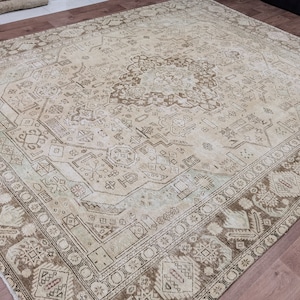 Vintage Area Rug 9.8&#39; x 12.5&#39; Neutral Oushak Rug, Cream And Brown Rug, Extra Large Rug, Vintage Oushak Rug, Neutral Wool Rug