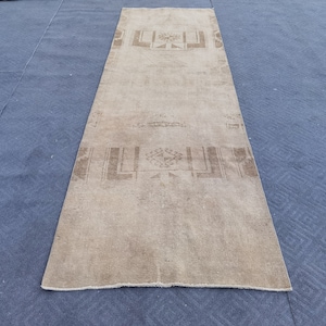 Neutral Oushak Rug 3.7'x11.9' , Vintage Oushak Rug, Muted Wool Runner, Faded Turkish Rug, Neutral Runner Rug, Wide Runner,Turkish Runner Rug
