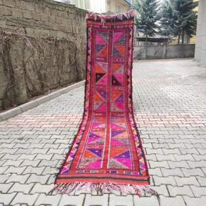 3x13 Colorful Faded Herki Runner Rug For Entryway As Homw Decor, 3x13 feet Turkish Oushak Runner Rug For Kitchen and Living Room